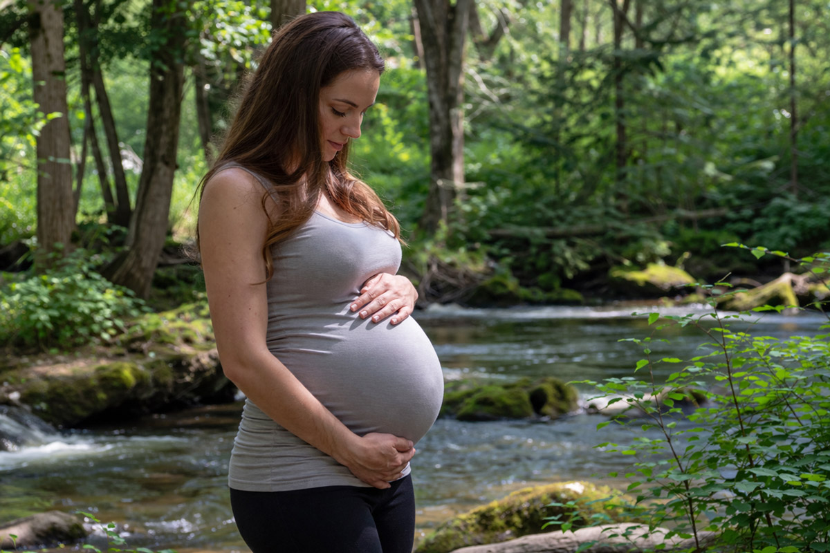 Schwangere Frau im Wald die sich Gedanken über die anstehende Hochzeit macht